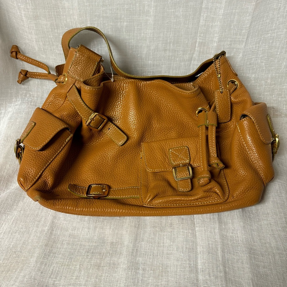 MAXX NY Tan/Camel pebbled faux leather shoulder bag multi-compartment adj. strap